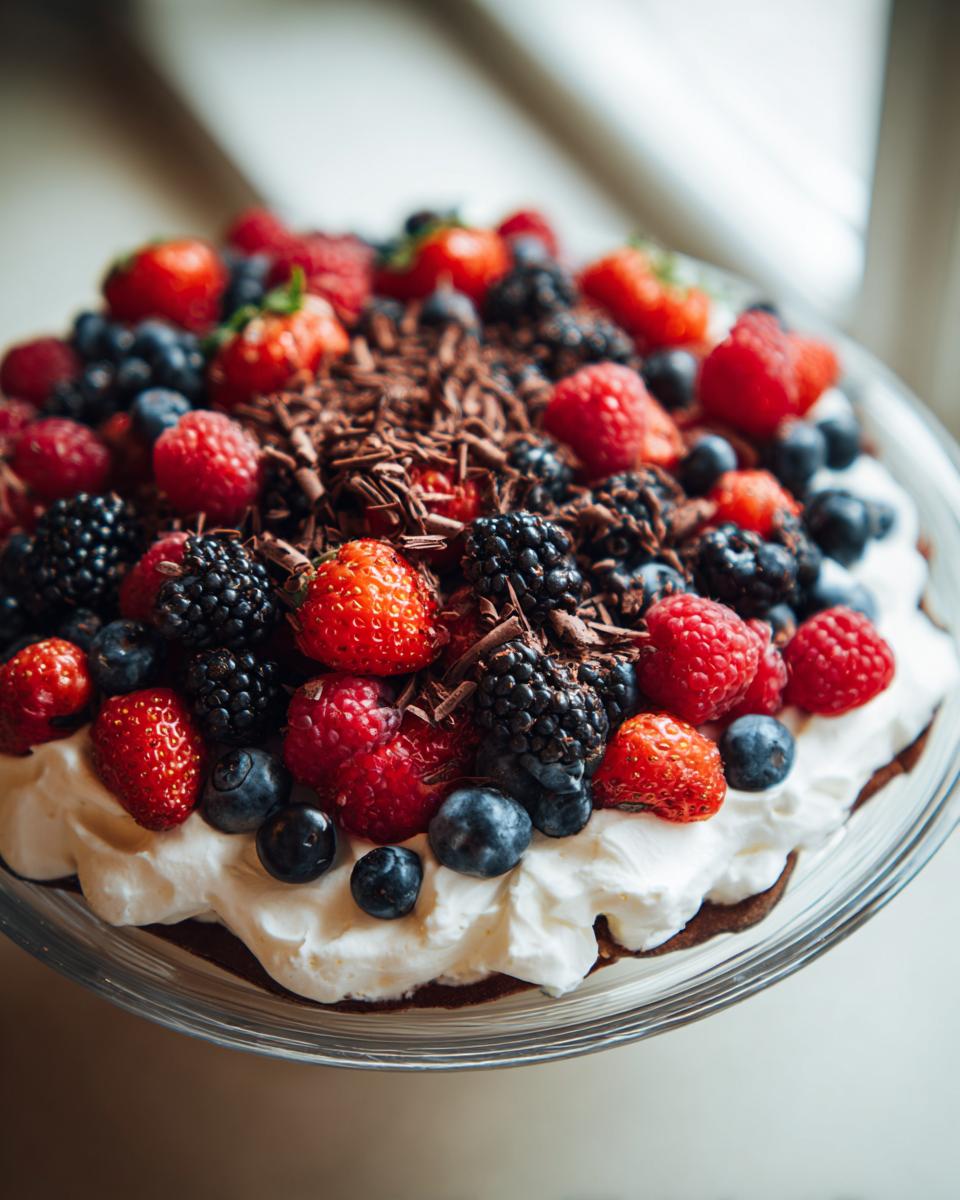 A beautiful dessert, The Easiest Dessert That Always Impresses, topped with fresh berries, whipped cream, and chocolate shavings.