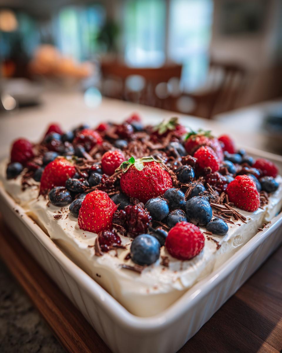 A delicious dessert that always impresses, topped with fresh strawberries, blueberries, and chocolate shavings.