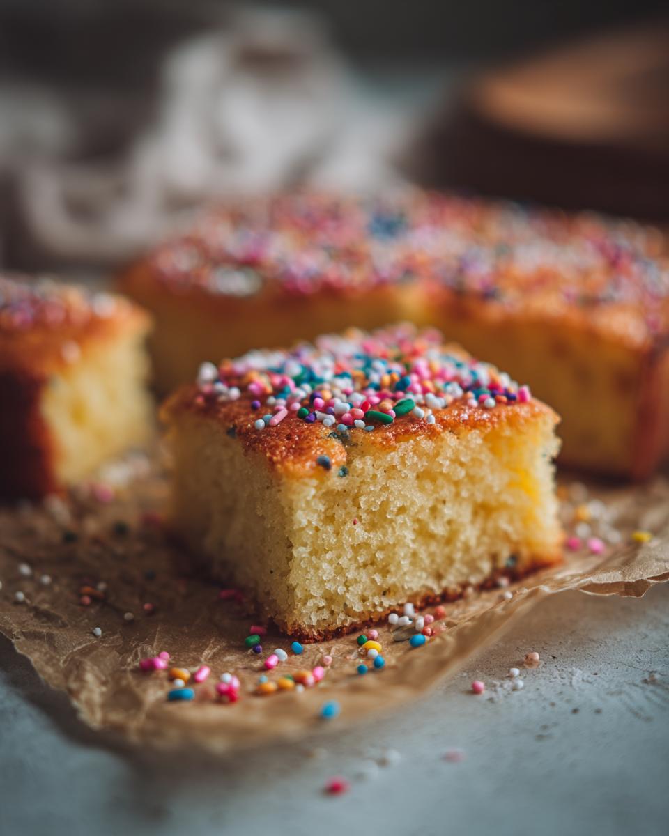 Close-up of a slice of the easiest sweet treat on Facebook, a cake with colorful sprinkles.