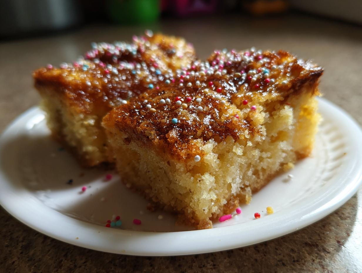Two slices of the easiest sweet treat cake on a white plate, topped with colorful sprinkles.