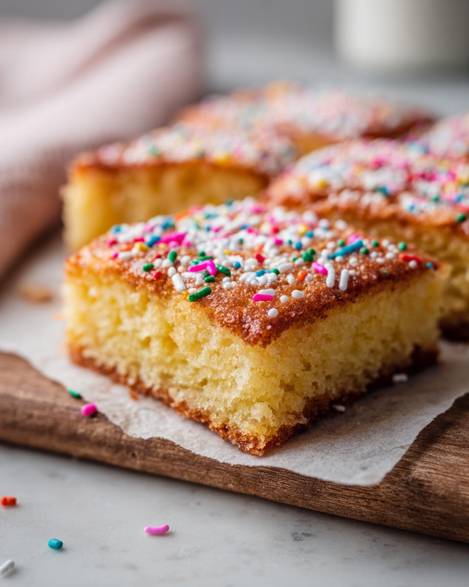 Close-up of a slice of the easiest sweet treat on Facebook, topped with colorful sprinkles.