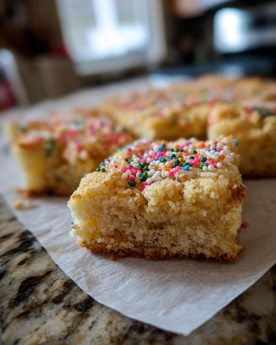 Close-up of a slice of the Easiest Sweet Treat with colorful sprinkles on top.