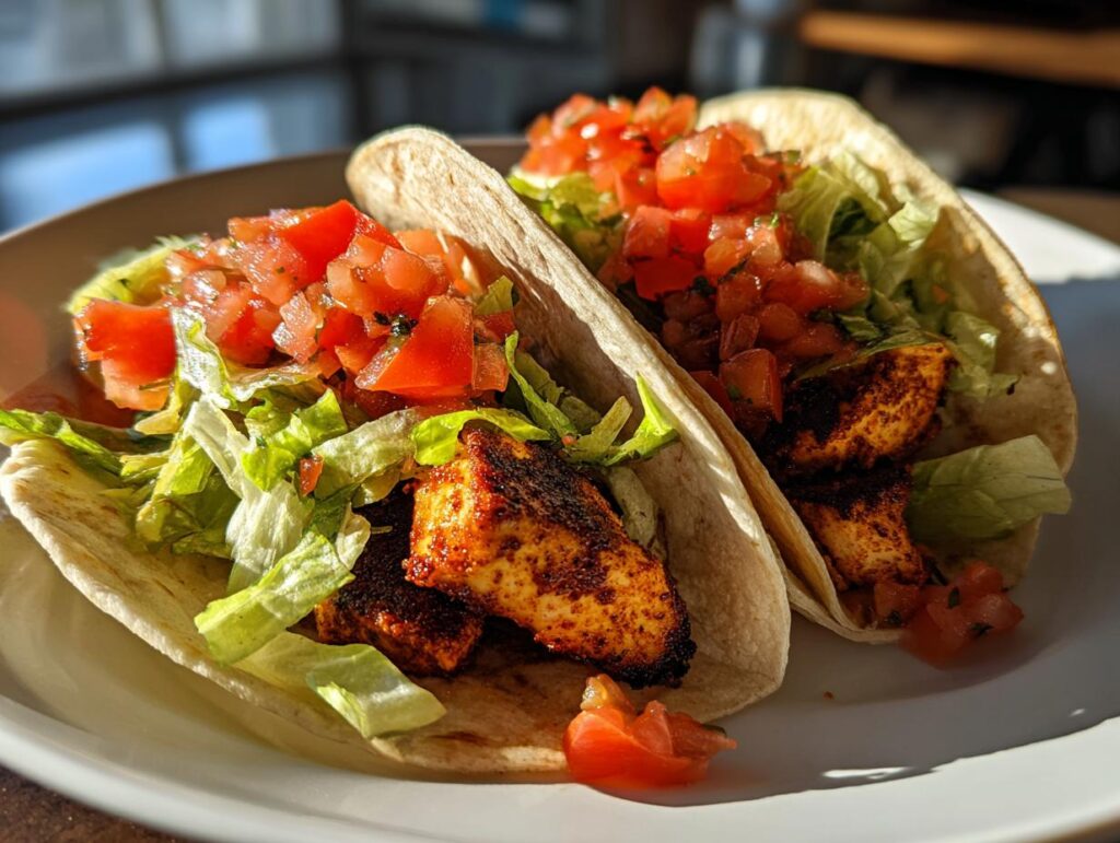 Close-up of two Easy Blackened Chicken Tacos on a plate, filled with chicken, lettuce, and tomatoes.