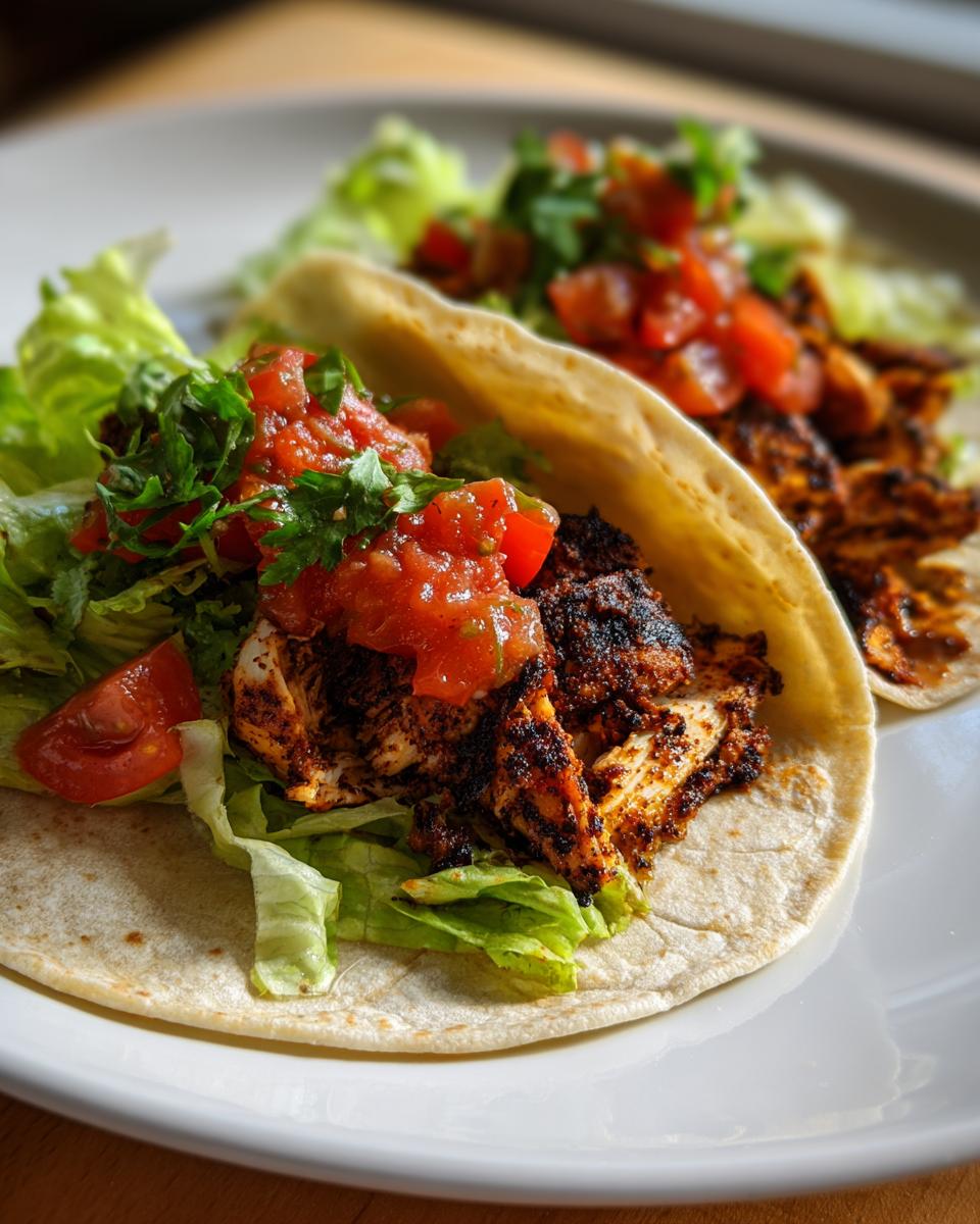 Close-up of two Easy Blackened Chicken Tacos on a white plate, filled with lettuce and salsa.