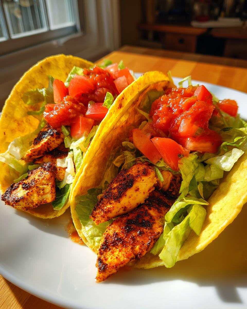 Close-up of two Easy Blackened Chicken Tacos filled with chicken, lettuce, and tomatoes.
