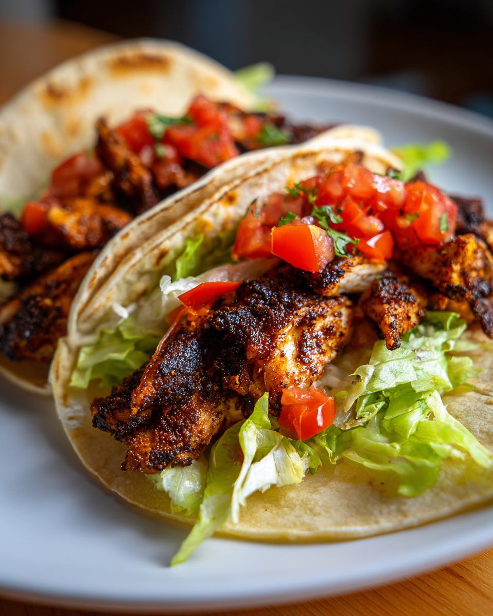 Close-up of two Easy Blackened Chicken Tacos with toppings on a plate.