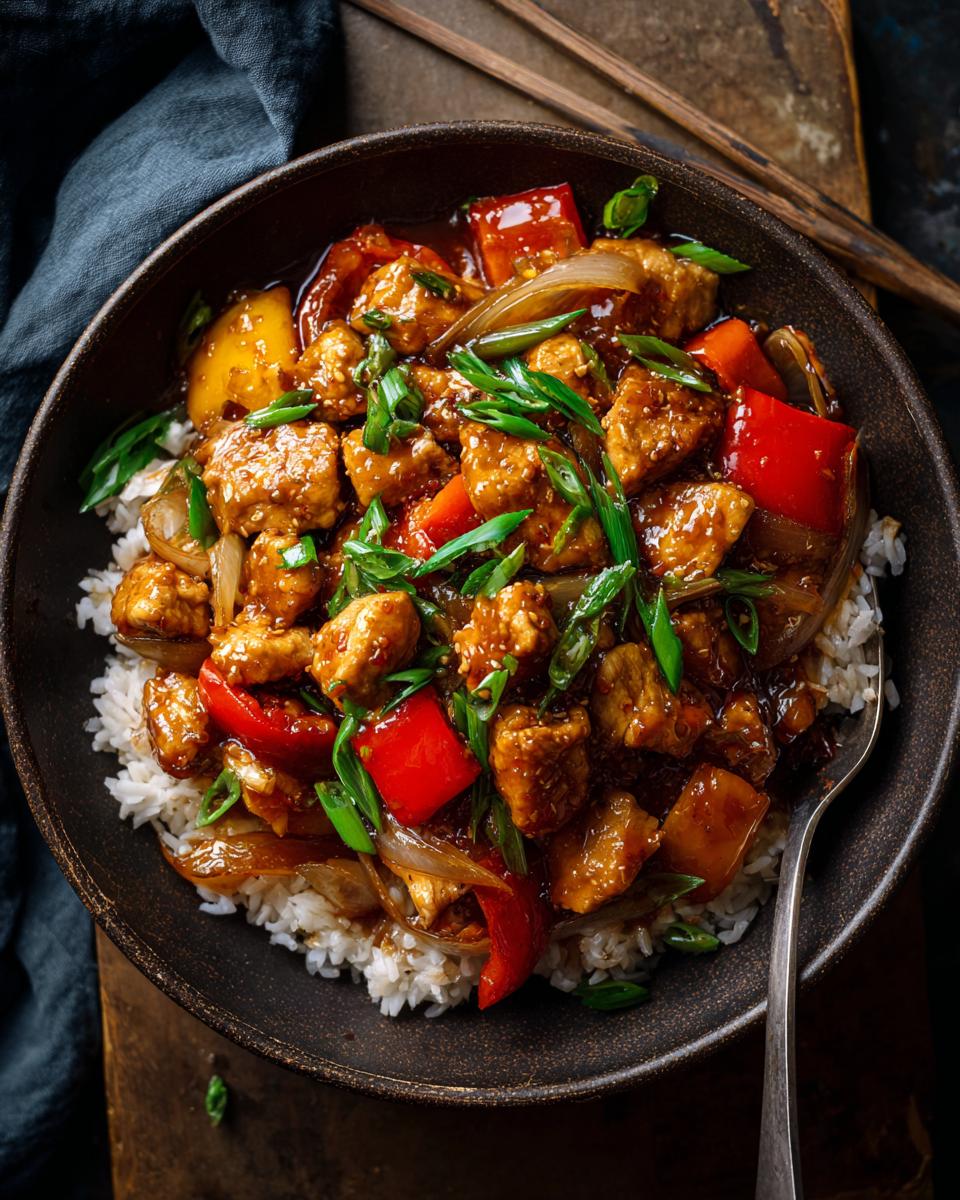 Easy Chicken Stir Fry: 35 Min Savory Delight 1 Overhead shot of a bowl of Easy Chicken Stir Fry served over rice, with vegetables.