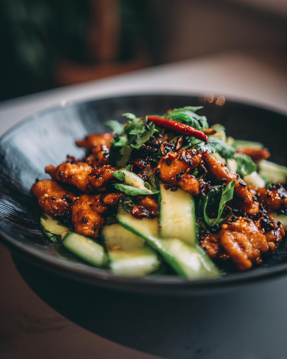 Easy Chicken Stir Fry: 35 Min Savory Delight 4 Close-up of a bowl of Easy Chicken Stir Fry with cucumbers and herbs.