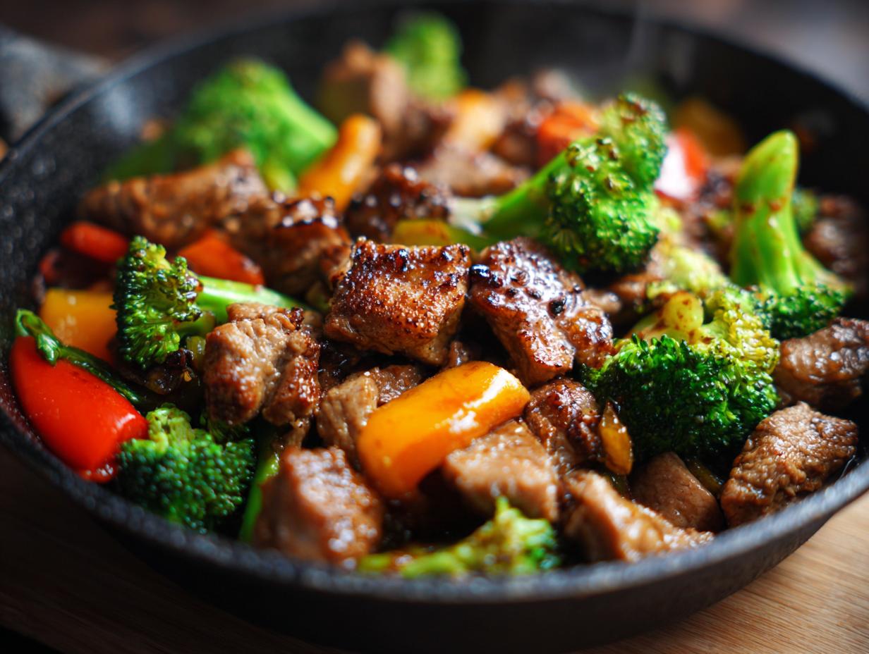 Close-up of Easy Chicken Stir Fry with chicken pieces, broccoli, and peppers in a skillet.
