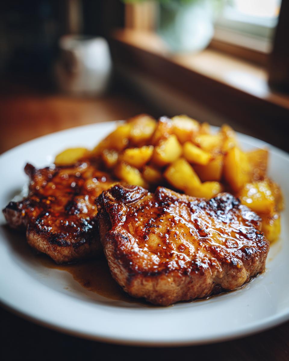 Plate of Easy Pineapple Pork Chops with pineapple chunks, a delicious and easy meal.
