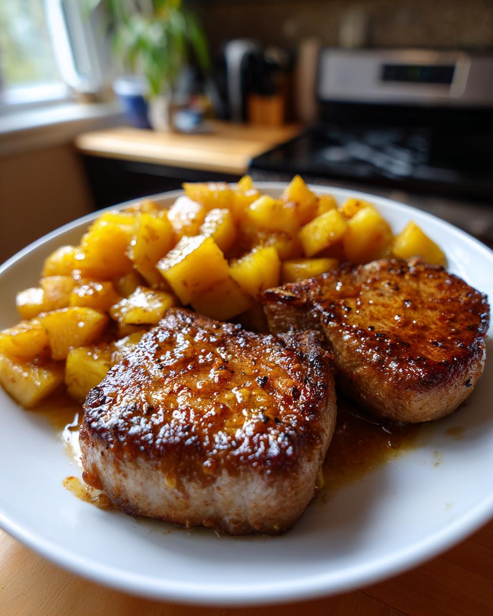 Close-up of Easy Pineapple Pork Chops served with pineapple chunks on a white plate.