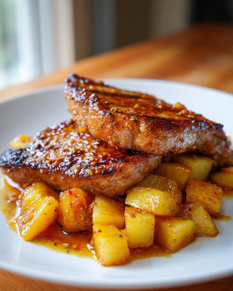 Close-up of Easy Pineapple Pork Chops served on a white plate with pineapple.