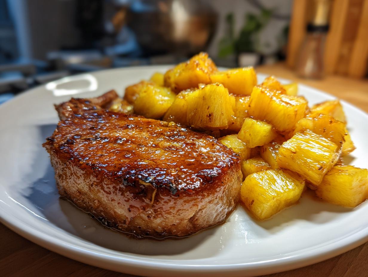 A plated serving of Easy Pineapple Pork Chops with caramelized pineapple chunks.