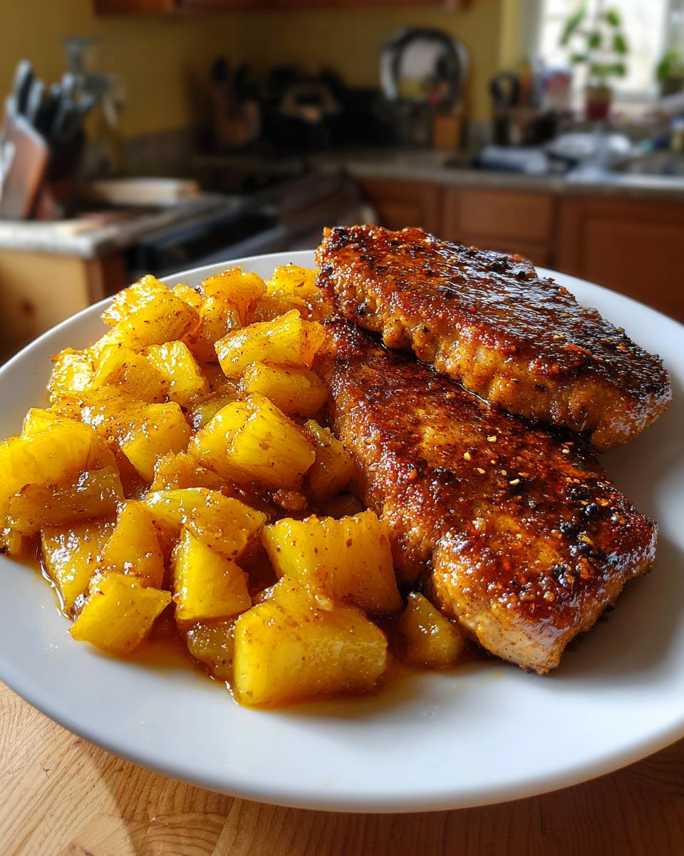 Plate of Easy Pineapple Pork Chops with a side of cooked pineapple.