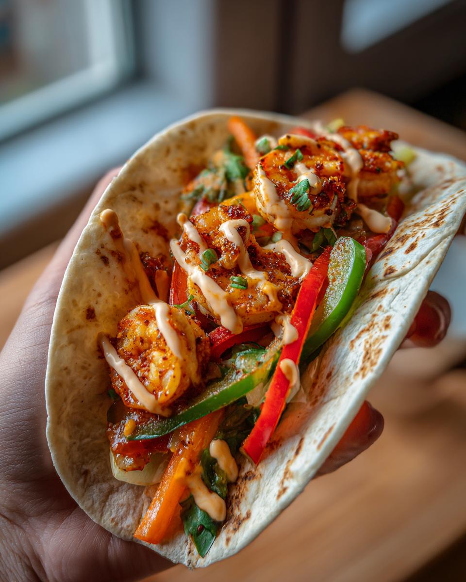 Hand holding a fully loaded Easy Shrimp Fajita with shrimp, peppers, and sauce.