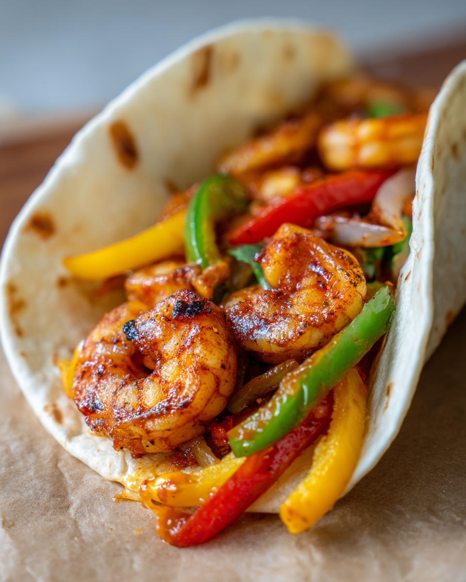 Close-up of a shrimp fajita in a tortilla, filled with shrimp and colorful bell peppers.