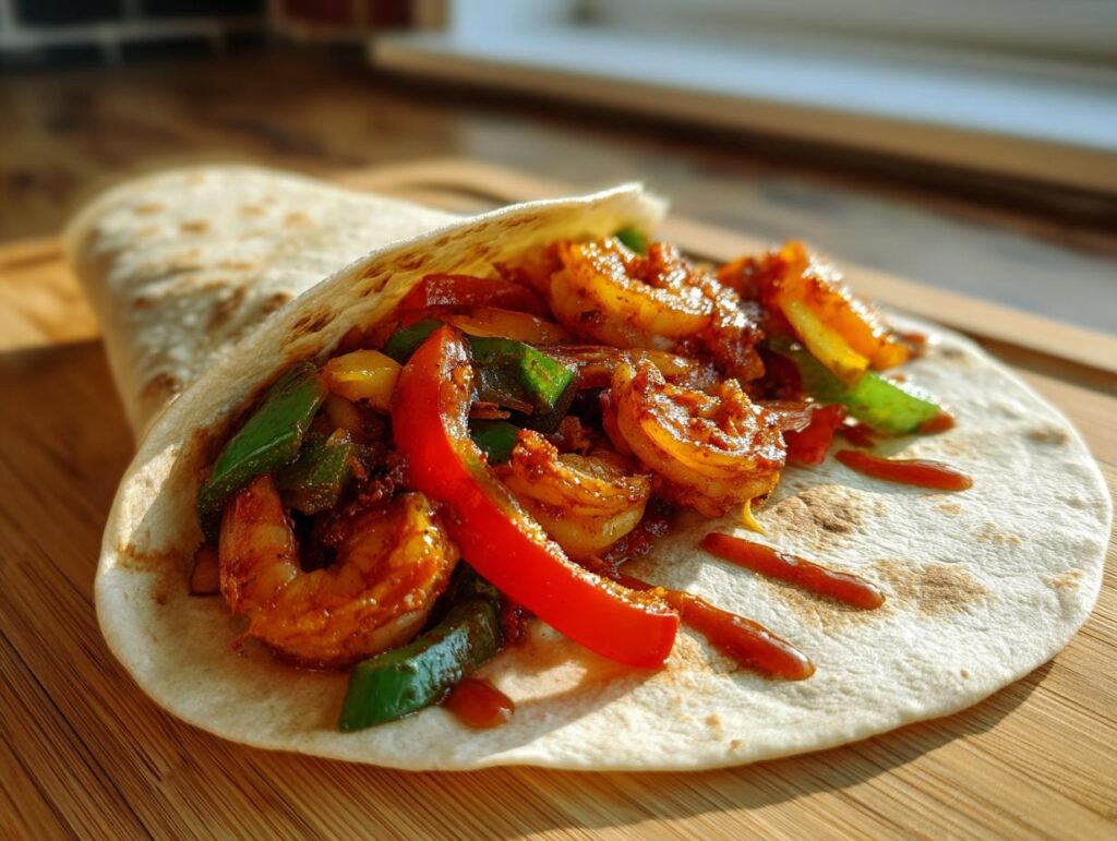 Close-up of an easy shrimp fajita in a tortilla, filled with shrimp and colorful peppers.