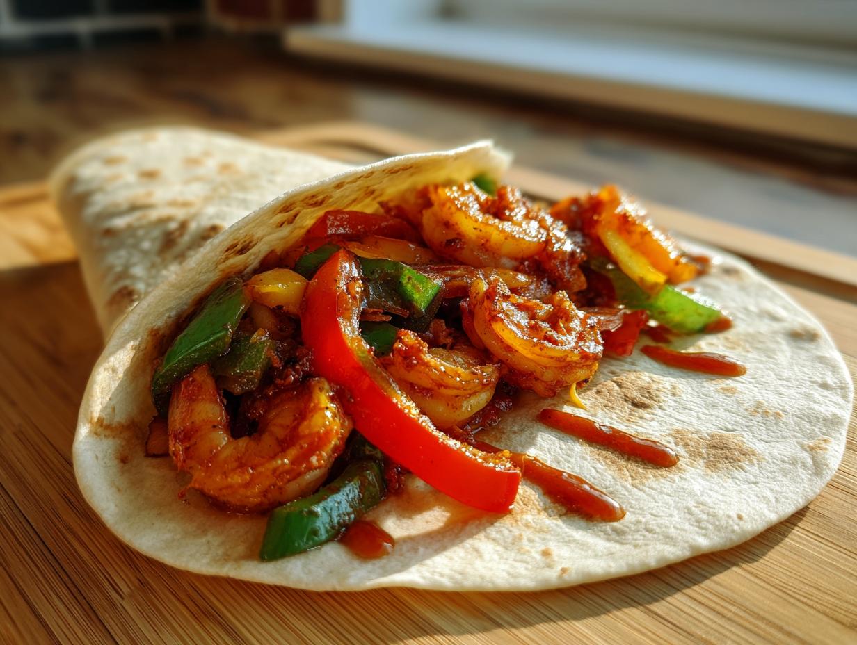 Close-up of an easy shrimp fajita in a tortilla, filled with shrimp and colorful peppers.