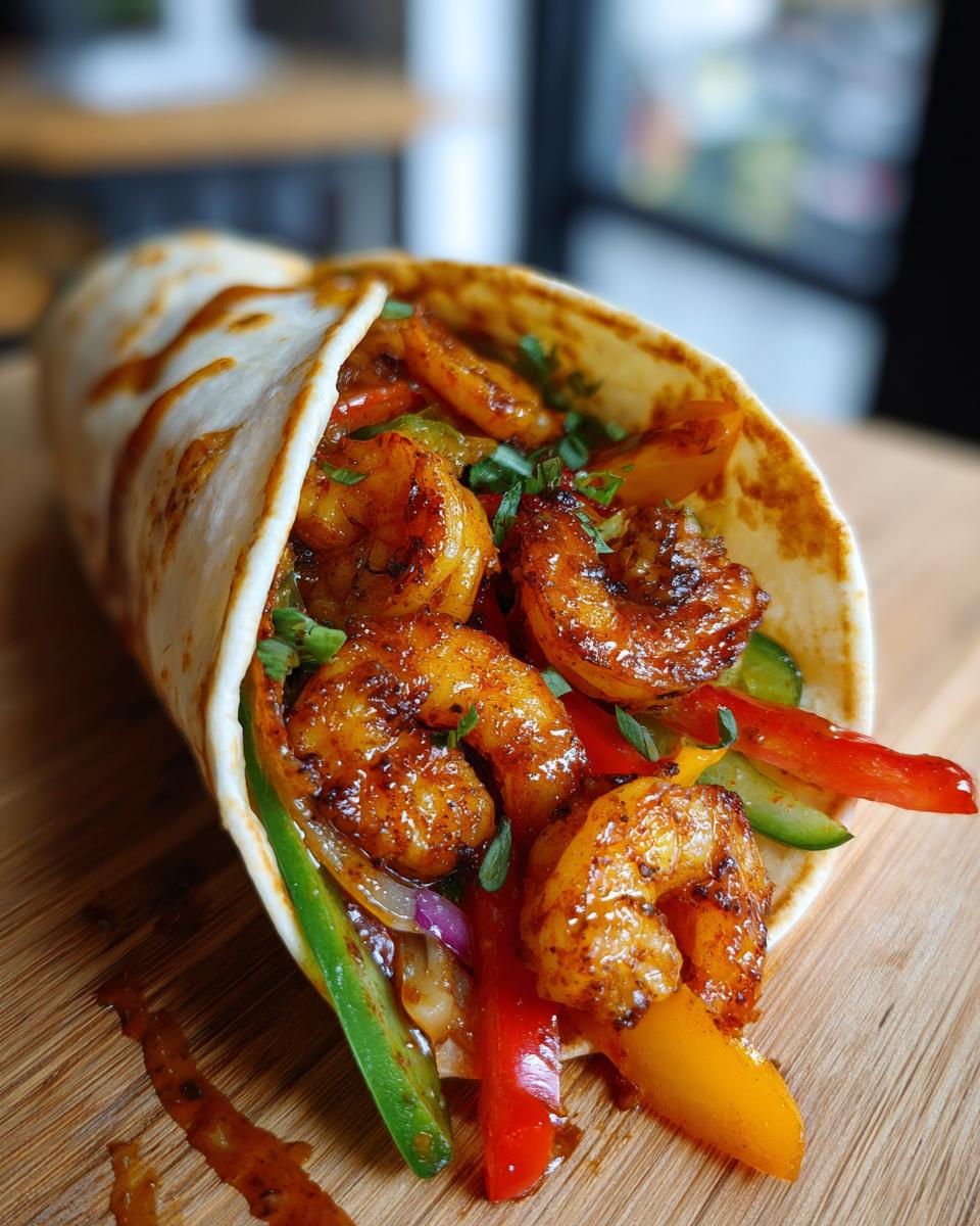 Close-up of an Easy Shrimp Fajitas wrap with shrimp, peppers, and onions.
