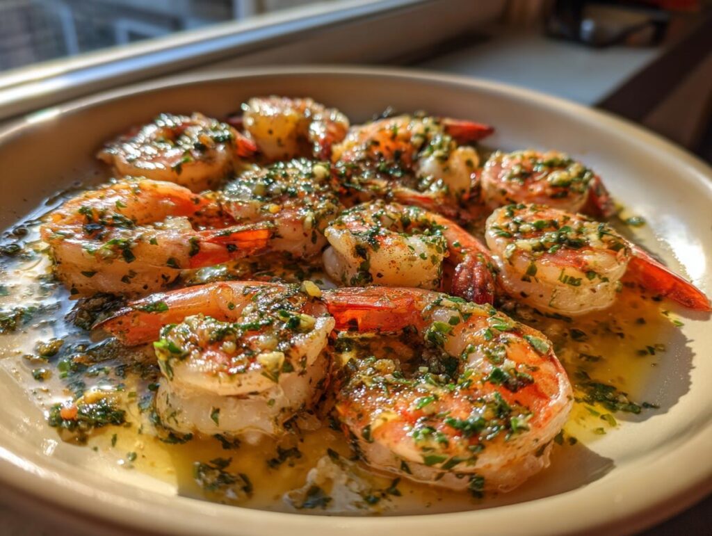 Close-up of garlic herb shrimp on a plate, a dish that This Takes Minutes but Tastes Fancy.