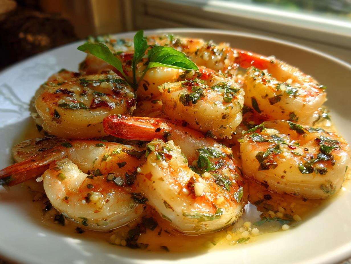 Close-up of garlic herb shrimp on a plate, a dish that This Takes Minutes but Tastes Fancy.
