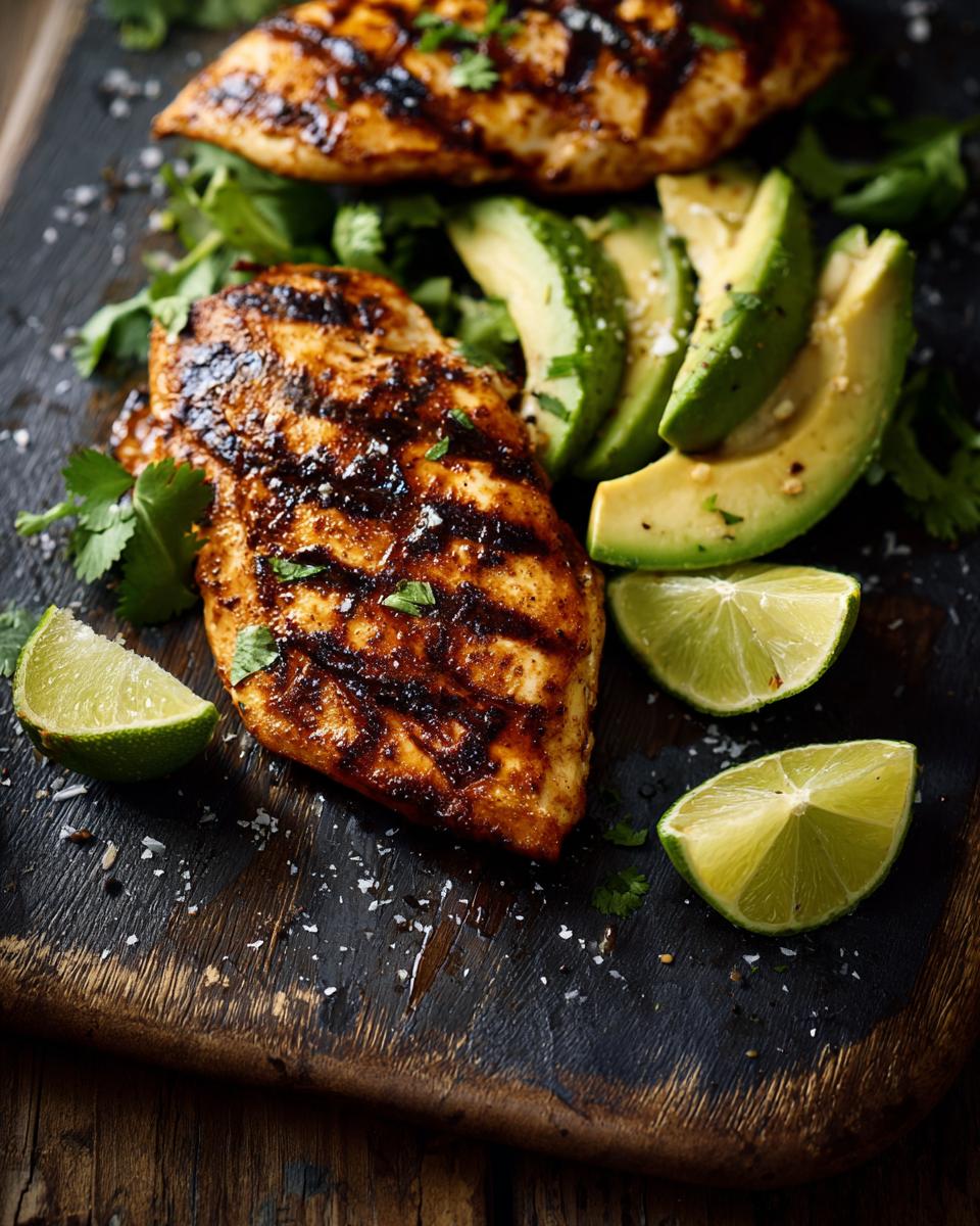 Grilled Fiesta Lime Chicken with avocado slices and lime wedges on a wooden board.