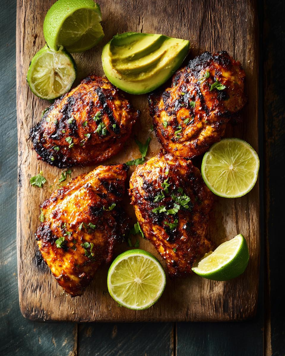 Fiesta Lime Chicken: 30 Minute Mexican Delight 4 Overhead shot of Fiesta Lime Chicken with avocado slices and lime wedges on a wooden board.