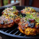 Close-up of grilled Fiesta Lime Chicken with fresh herbs on a grill pan.