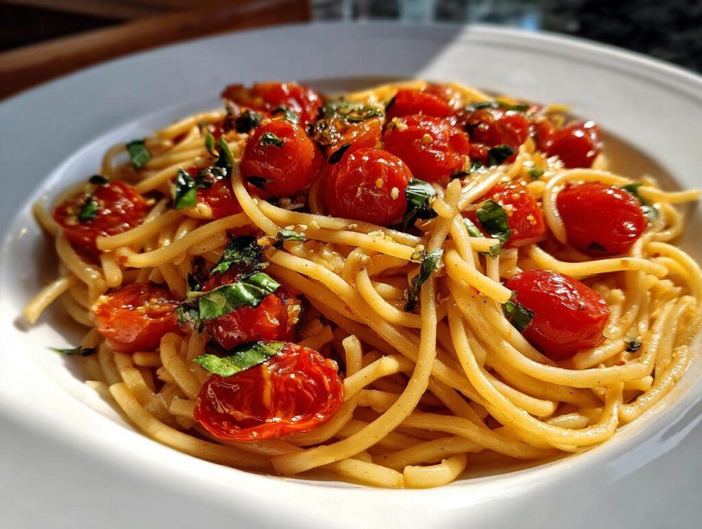 Close-up of Fresh Tomato Bruschetta Pasta in a white bowl, garnished with basil.