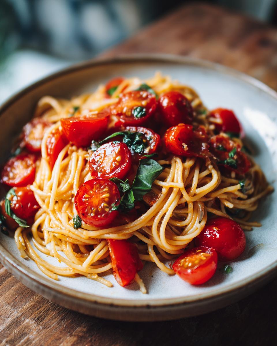 Amazing Fresh Tomato Bruschetta Pasta in 35 Minutes 5 Close-up of Fresh Tomato Bruschetta Pasta with cherry tomatoes and basil on a plate.