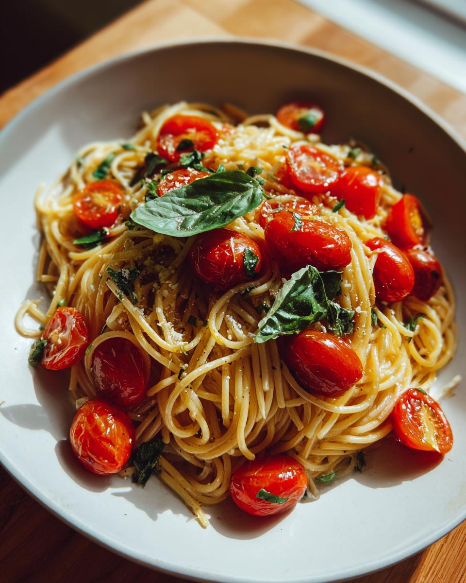 Amazing Fresh Tomato Bruschetta Pasta in 35 Minutes 3 Close-up of Fresh Tomato Bruschetta Pasta with cherry tomatoes, basil, and parmesan.