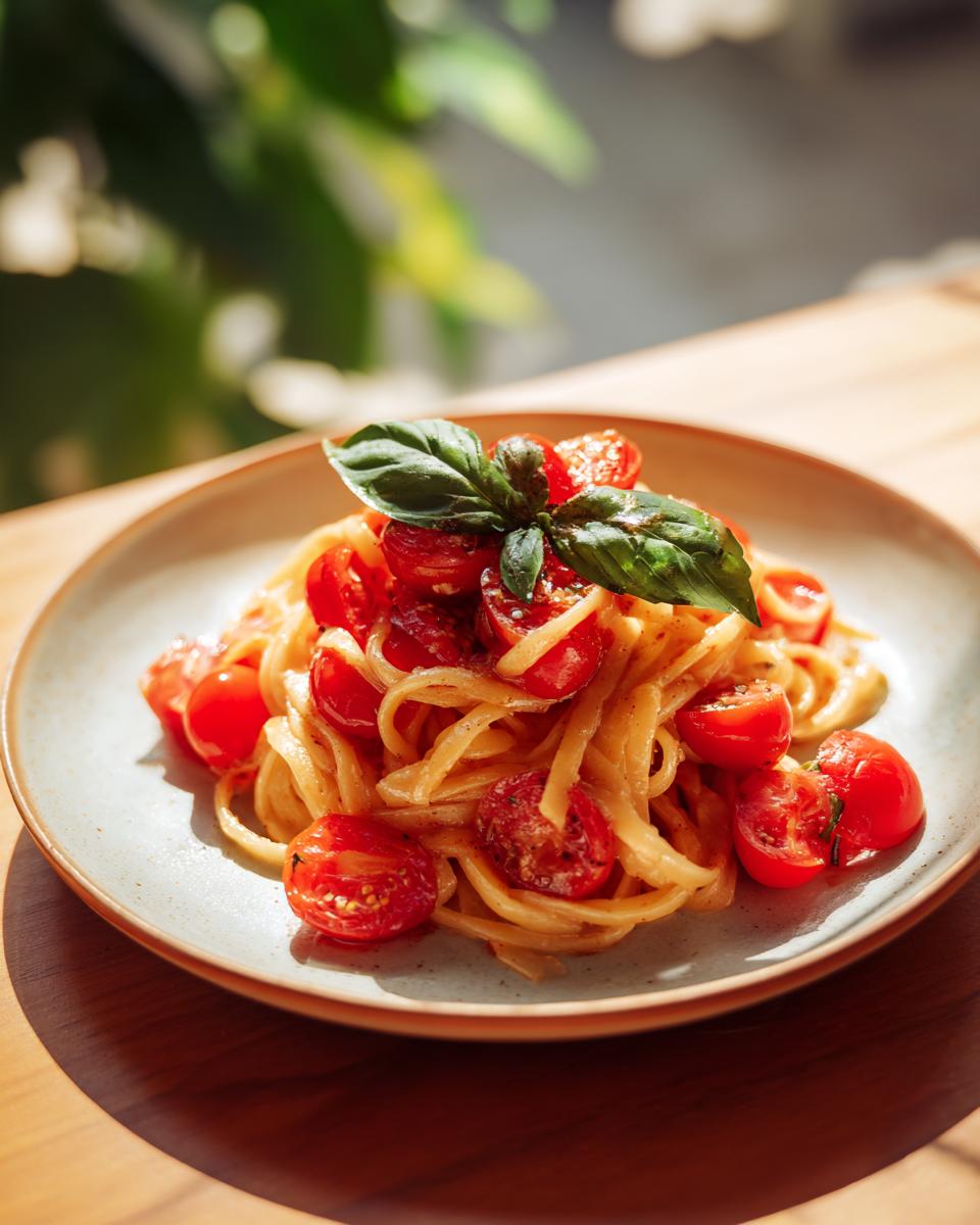 Amazing Fresh Tomato Bruschetta Pasta in 35 Minutes 2 A plate of Fresh Tomato Bruschetta Pasta, garnished with basil.