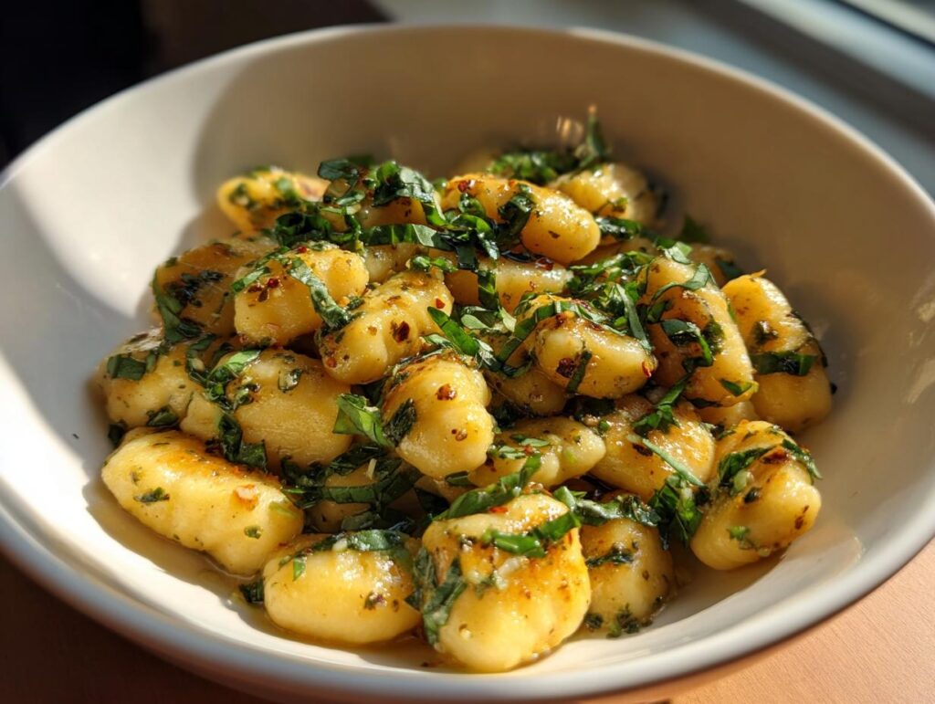 Close-up of a bowl of Gnocchi with Basil Brown Butter, garnished with fresh basil.