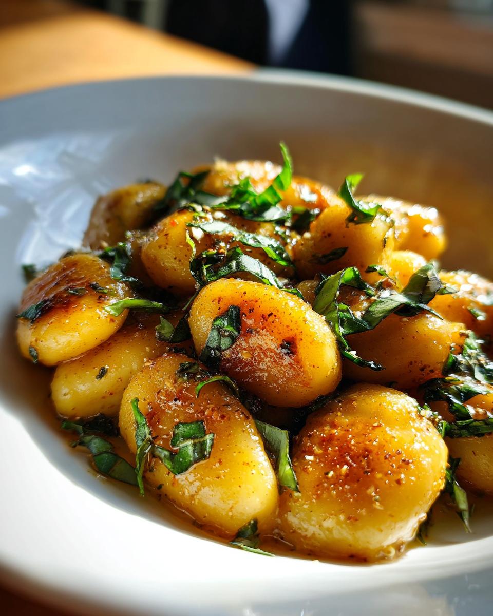 Gnocchi with Basil Brown Butter: 15-Min Magic 5 Close-up of gnocchi with basil brown butter in a white bowl, garnished with fresh basil.