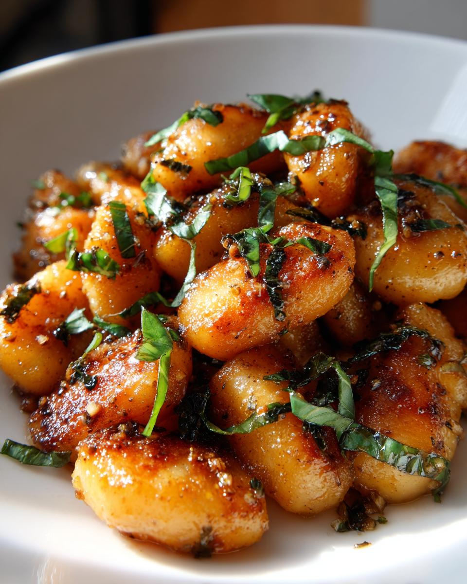 Gnocchi with Basil Brown Butter: 15-Min Magic 4 Close-up of golden brown gnocchi with basil brown butter, garnished with fresh basil.
