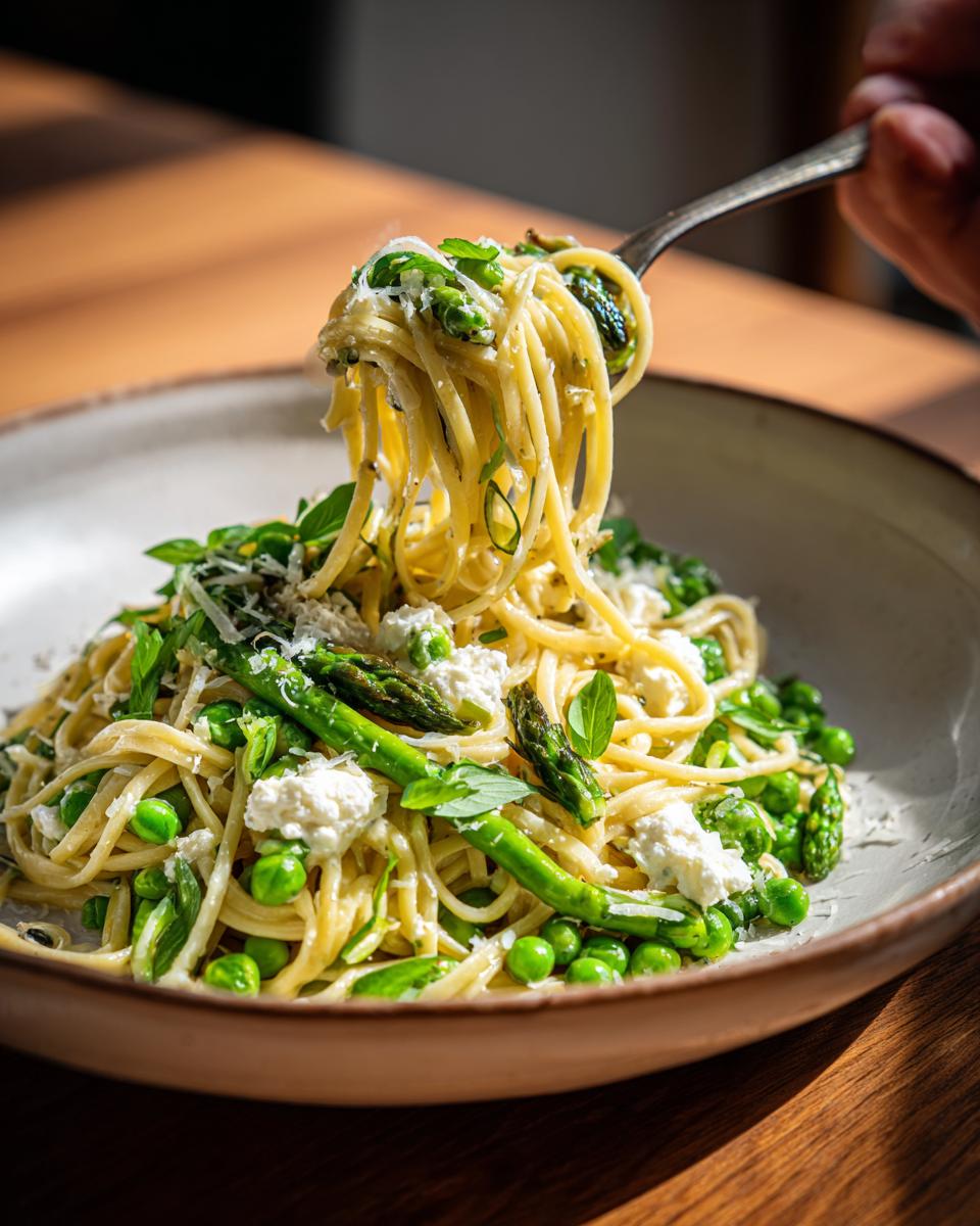 Close-up of Goat Cheese Pasta with Spring Vegetables, peas, asparagus, and fresh herbs.