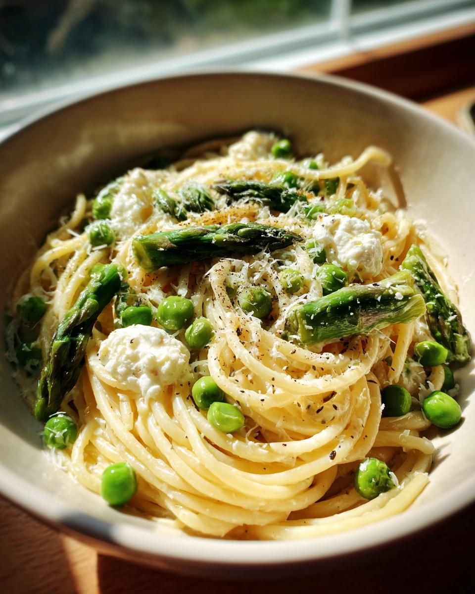 A bowl of Goat Cheese Pasta with Spring Vegetables, including asparagus and peas, garnished with cheese.