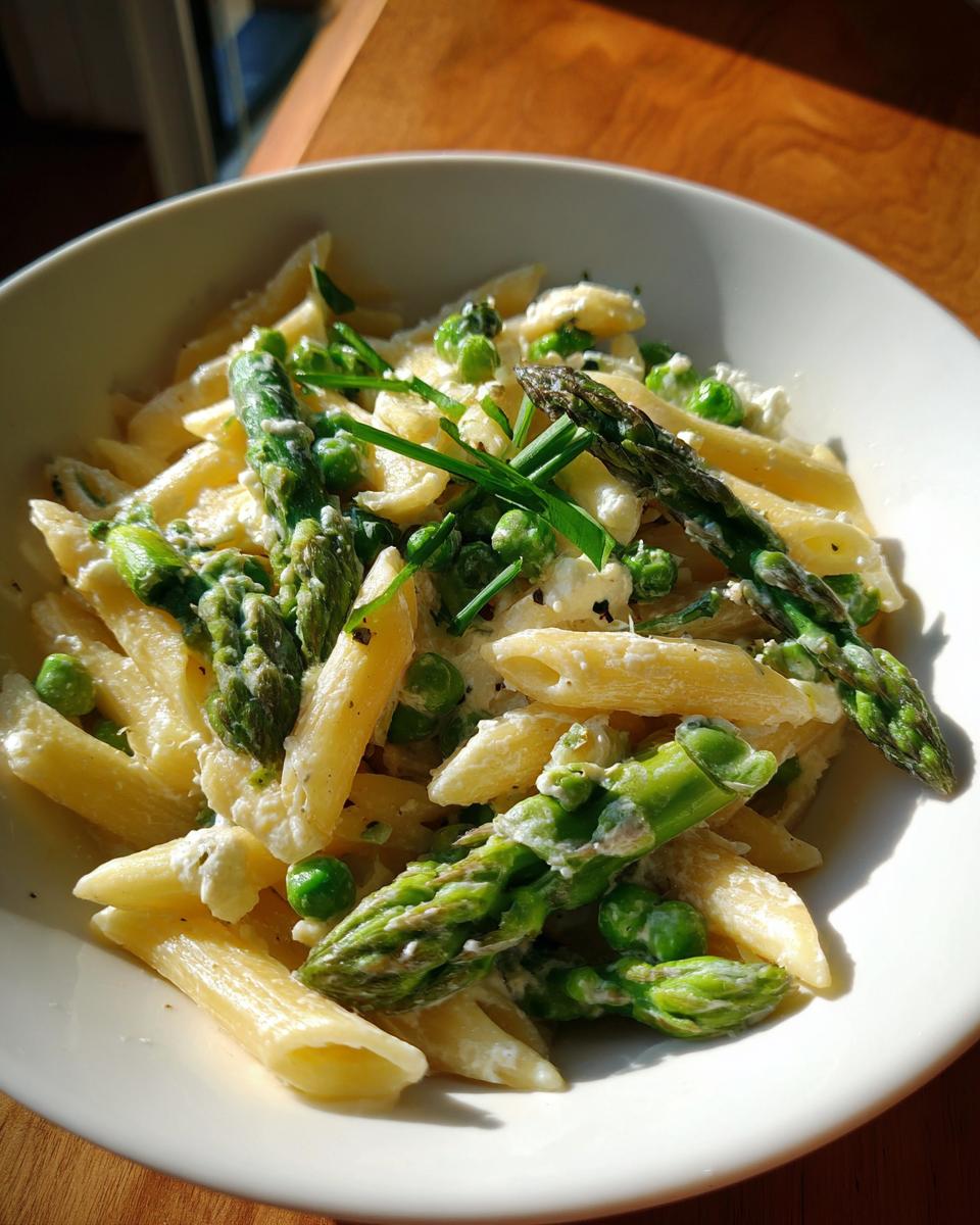 Close-up of a bowl of Goat Cheese Pasta with Spring Vegetables, including asparagus and peas.