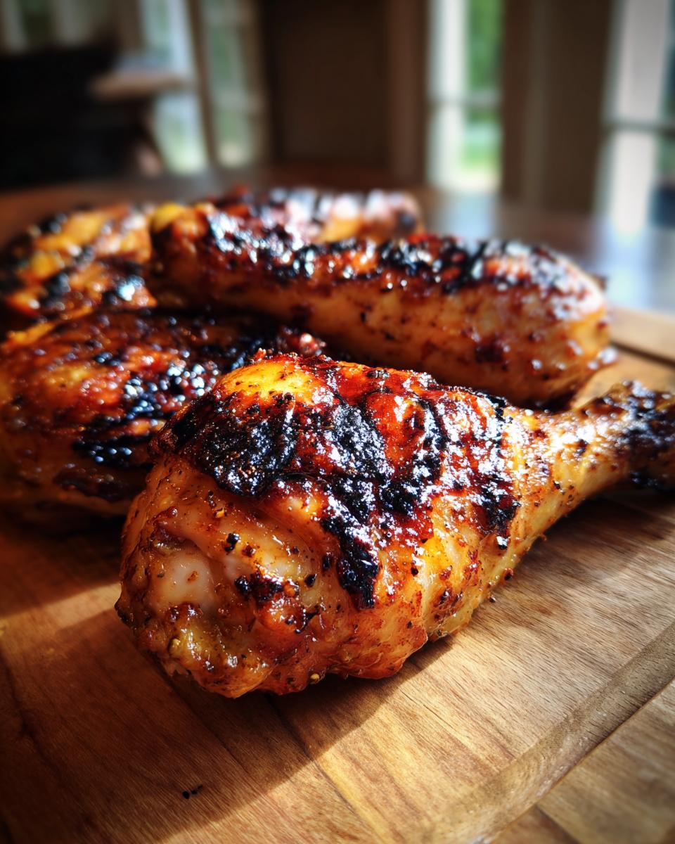 Close-up of perfectly grilled honey mustard chicken drumsticks on a wooden cutting board.