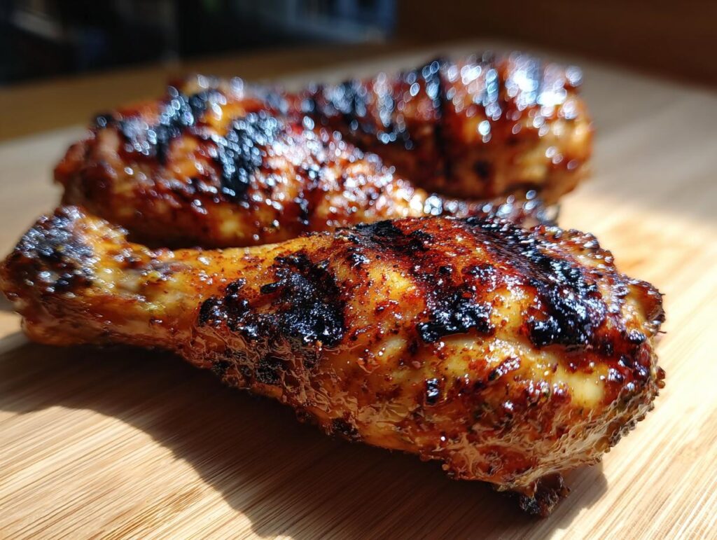 Close-up of two delicious Grilled Honey Mustard Chicken Drumsticks on a wooden surface.