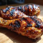 Close-up of two delicious Grilled Honey Mustard Chicken Drumsticks on a wooden surface.