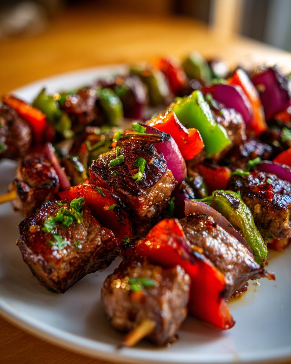 Close-up of grilled lamb kabobs with red bell peppers, onions, and green peppers, ready to eat.