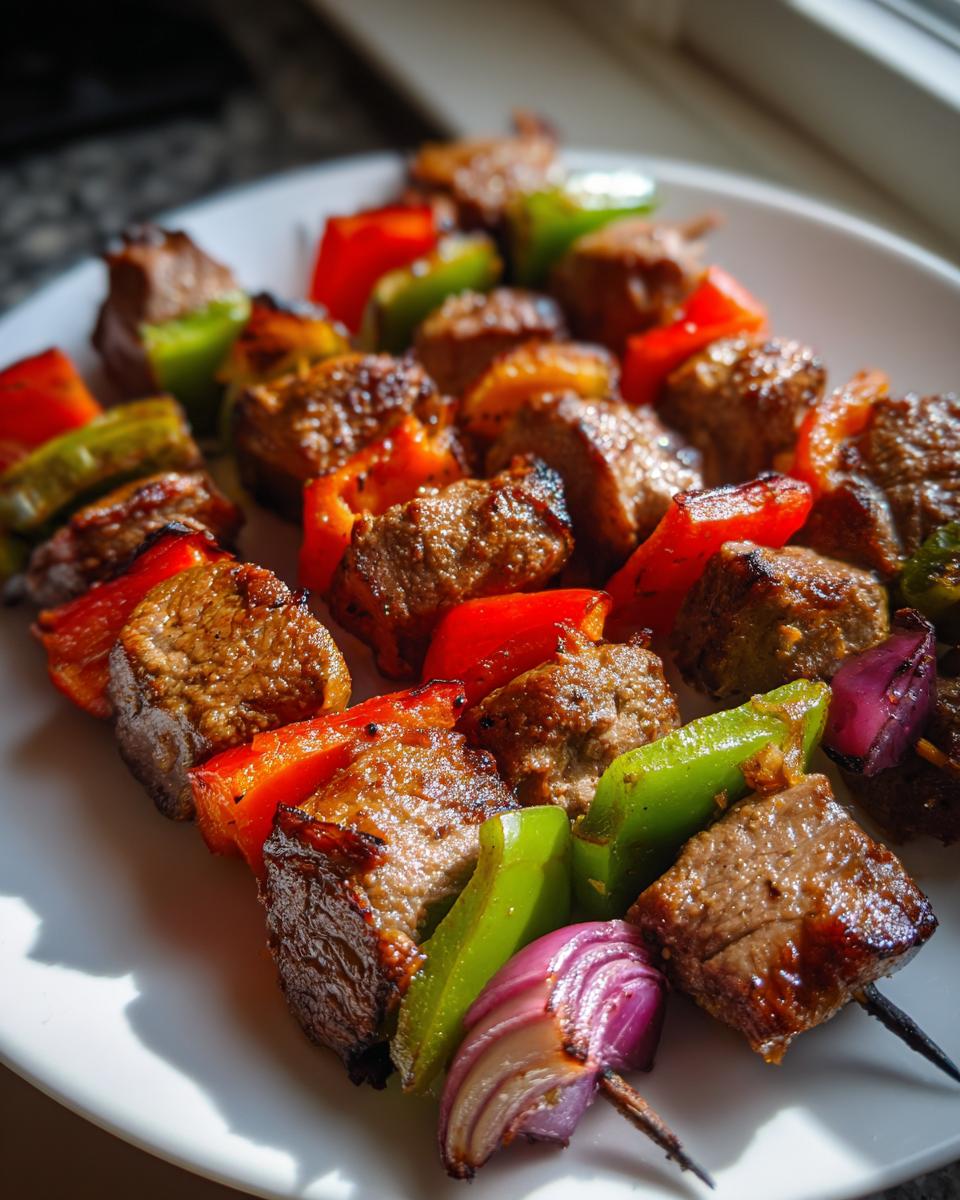 Close-up of delicious Lamb Kabobs with red and green bell peppers and red onion on a white plate.