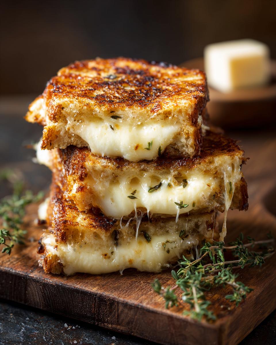 Amazing Halloumi Grilled Cheese Sandwich in 15 Minutes 5 Stack of toasted Halloumi Grilled Cheese Sandwich with melted cheese and herbs on a wooden board.