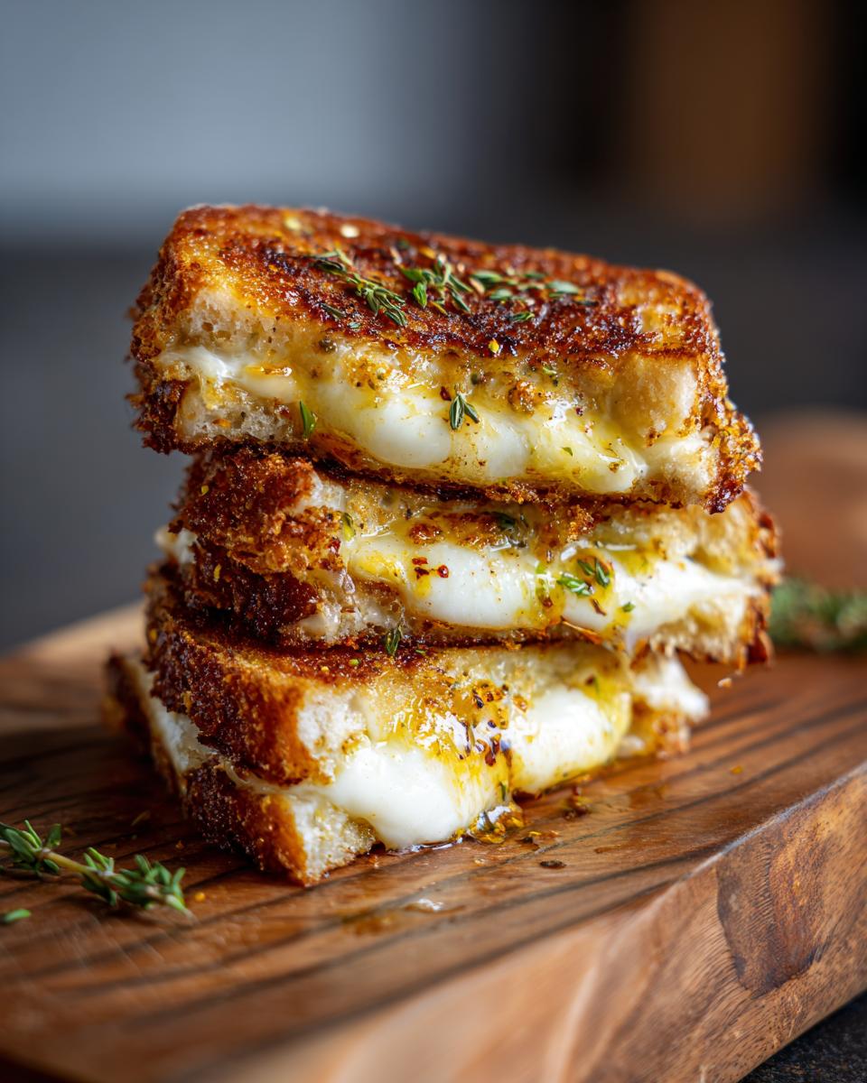 Amazing Halloumi Grilled Cheese Sandwich in 15 Minutes 4 Close-up of a stacked Halloumi Grilled Cheese Sandwich on a wooden board, with melted cheese and herbs.