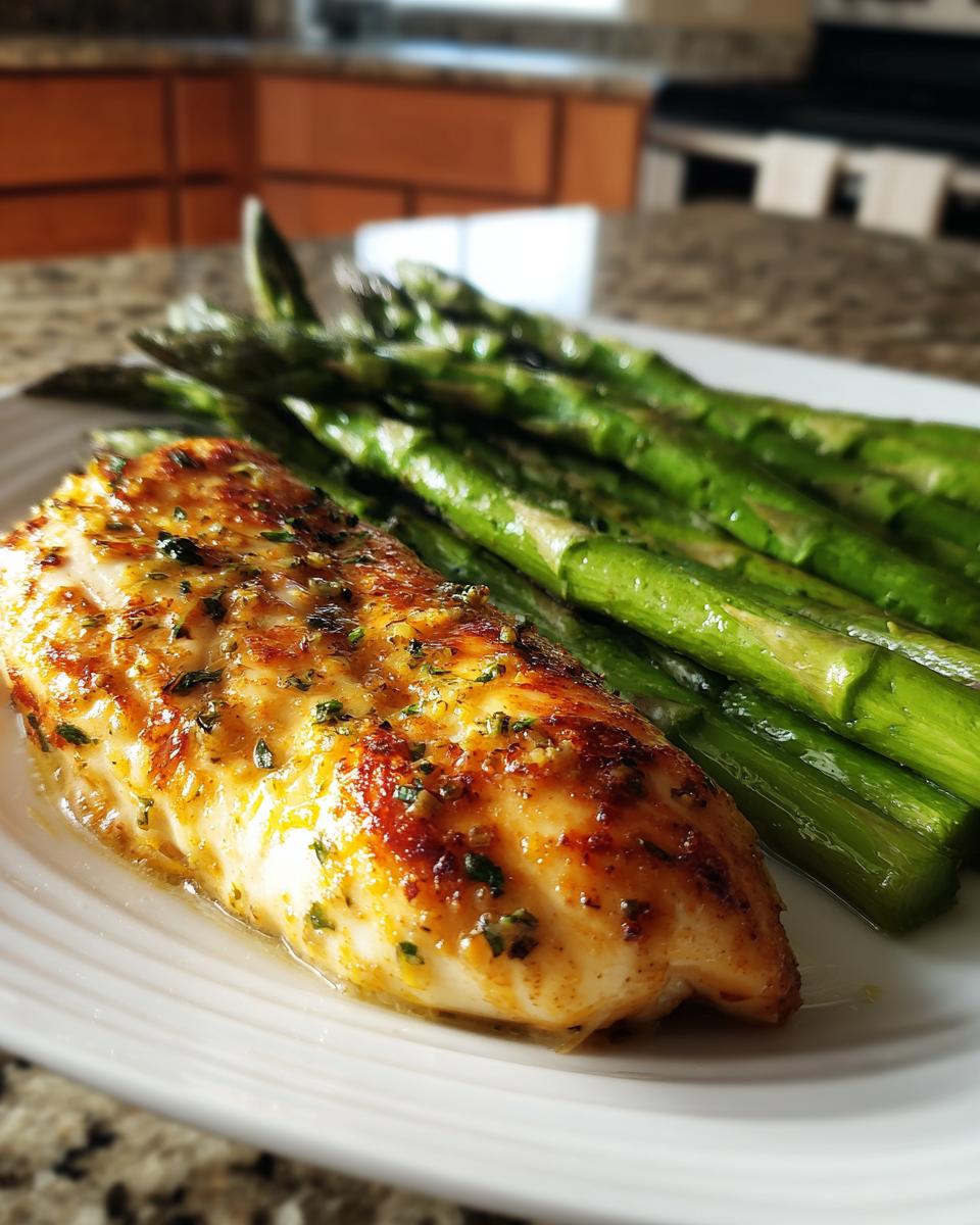Grilled chicken breast with asparagus, a healthy spring dinner. Perfect for Healthy Spring Dinner Recipes for Busy Families.