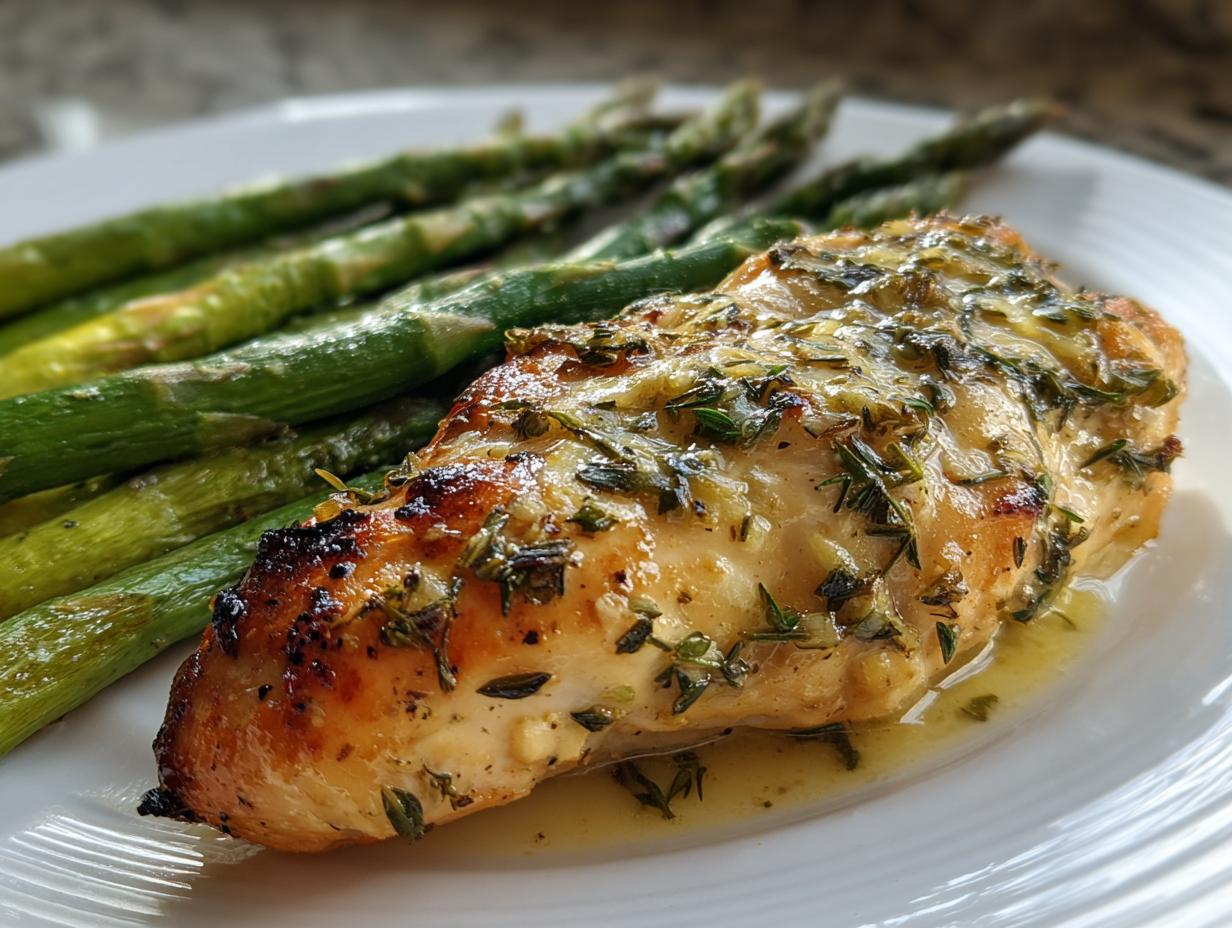 Grilled chicken breast with asparagus, a perfect healthy spring dinner recipe.