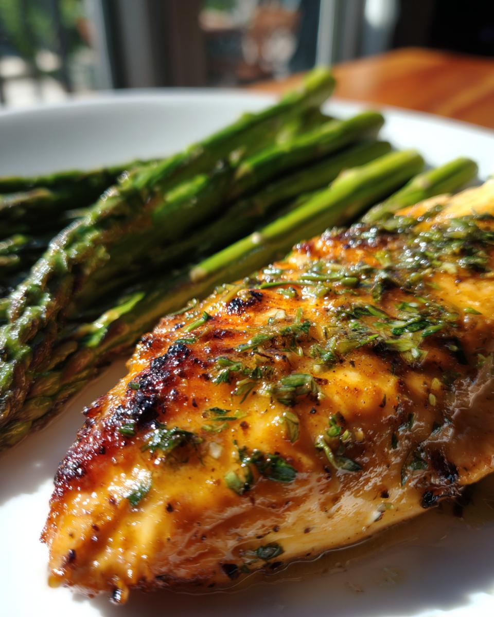 Grilled chicken breast with asparagus, perfect for a healthy spring dinner. This recipe is great for busy families.