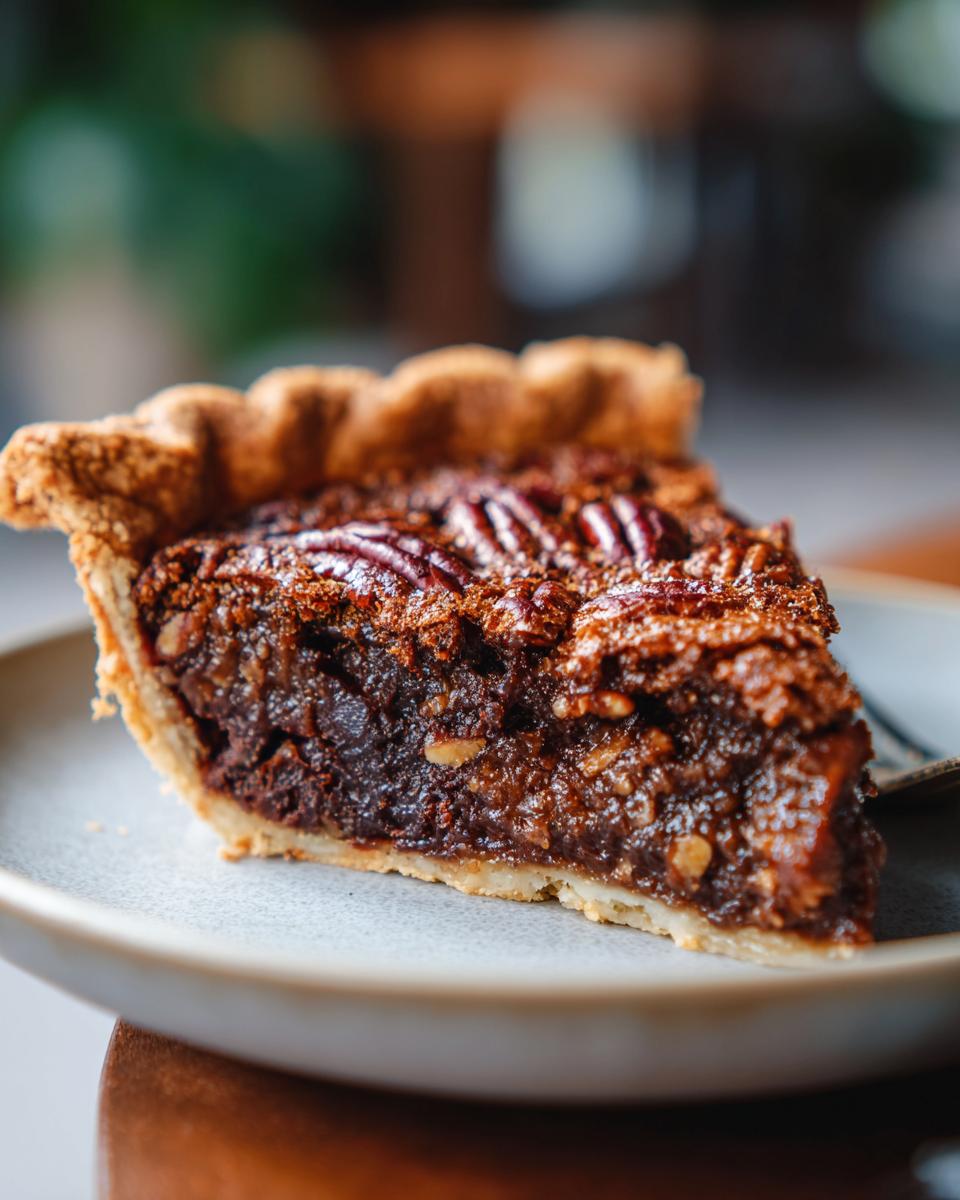 Close-up of a slice of pecan pie, the dessert everyone asks for on holidays, on a plate.