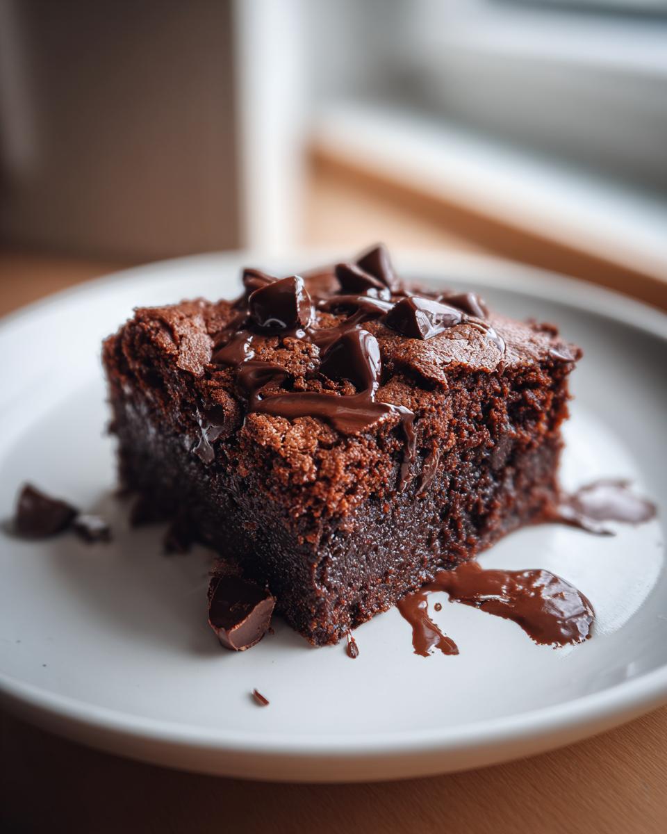 Close-up of a rich, chocolate brownie drizzled with chocolate sauce. This Dessert Feels Illegal It’s So Good.